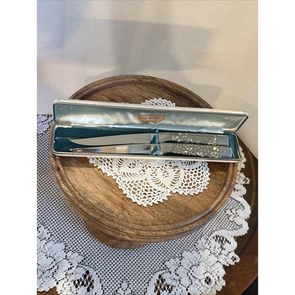 VTG Carvel Hall Steak Knives Set Briddell Silver Overlay Ivory Lustrex Handle